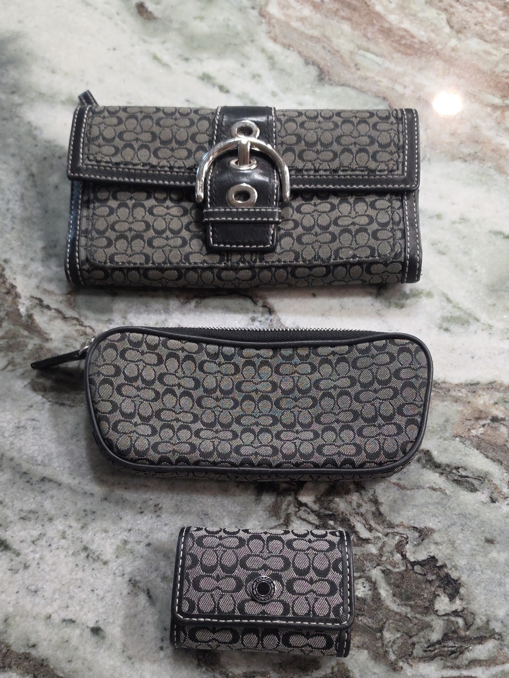 Coach Black and Gray Signature Canvas Wallet, Zip Pouch & Key Case